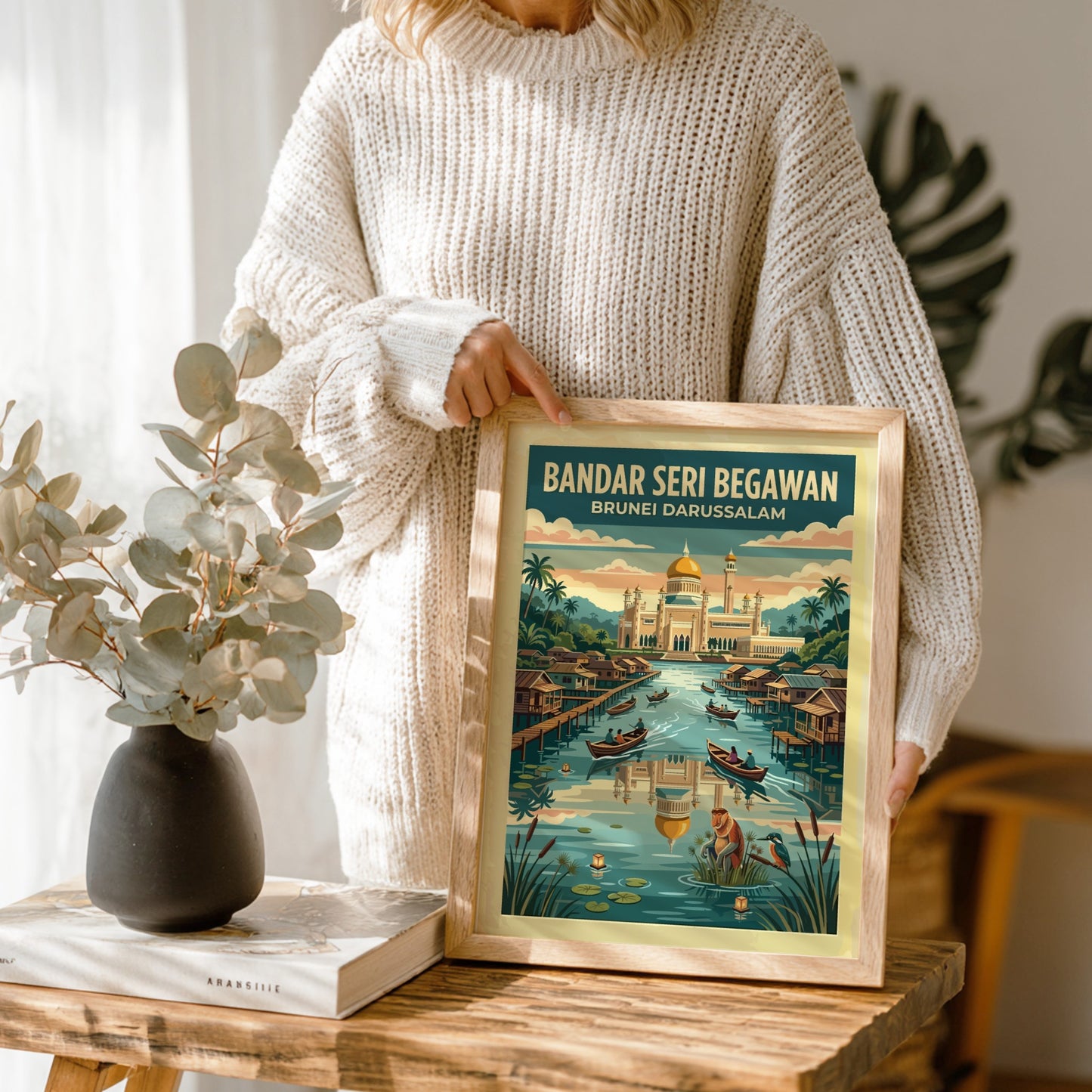 Travel poster of Bandar Seri Begawan Brunei featuring a golden mosque and water village.
