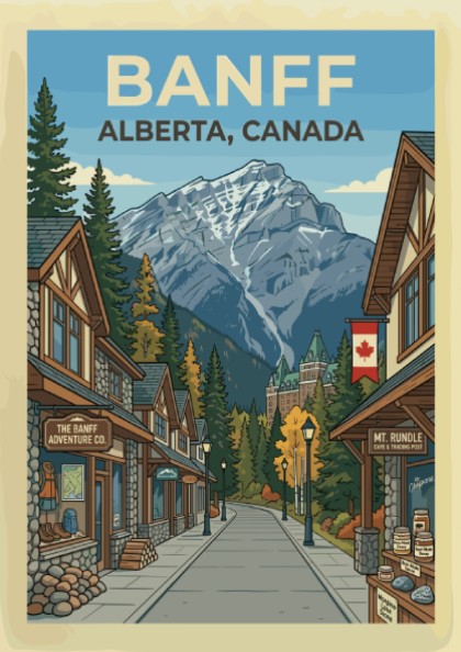 Banff travel poster featuring a street scene with shops leading to a grand hotel and snowy mountains.