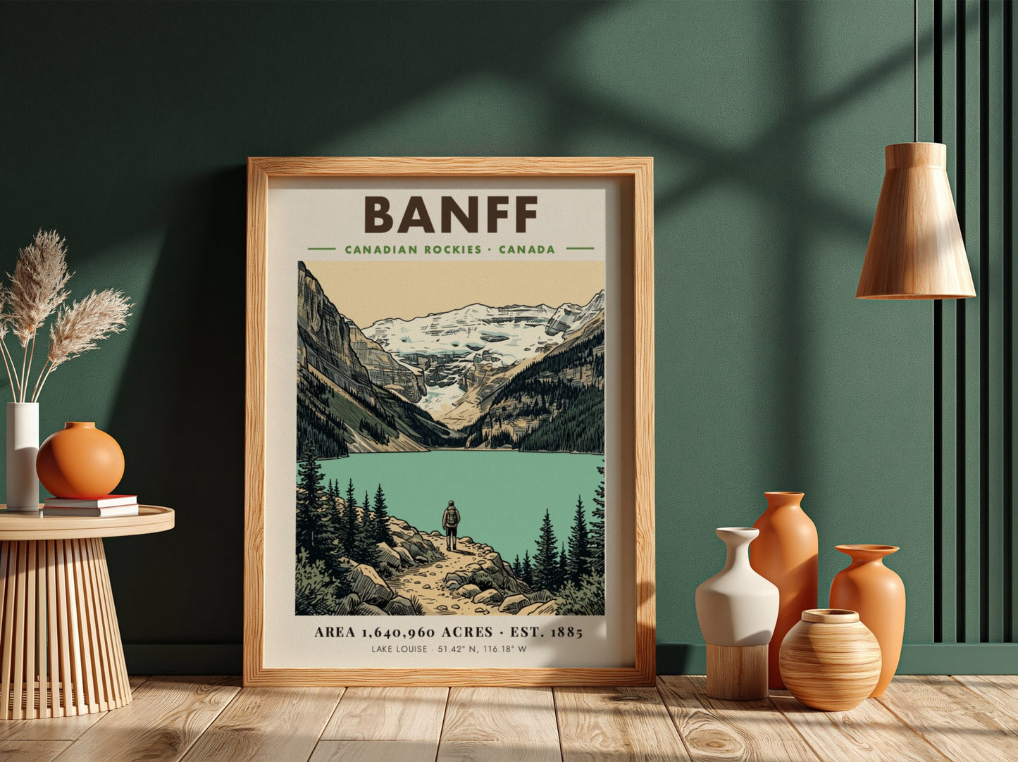 Poster featuring a hiker at Lake Louise in the Canadian Rockies Banff mountains