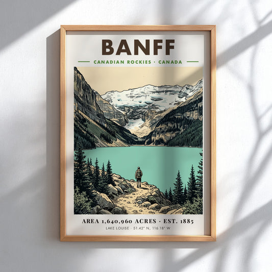 Poster featuring a hiker at Lake Louise in the Canadian Rockies Banff mountains