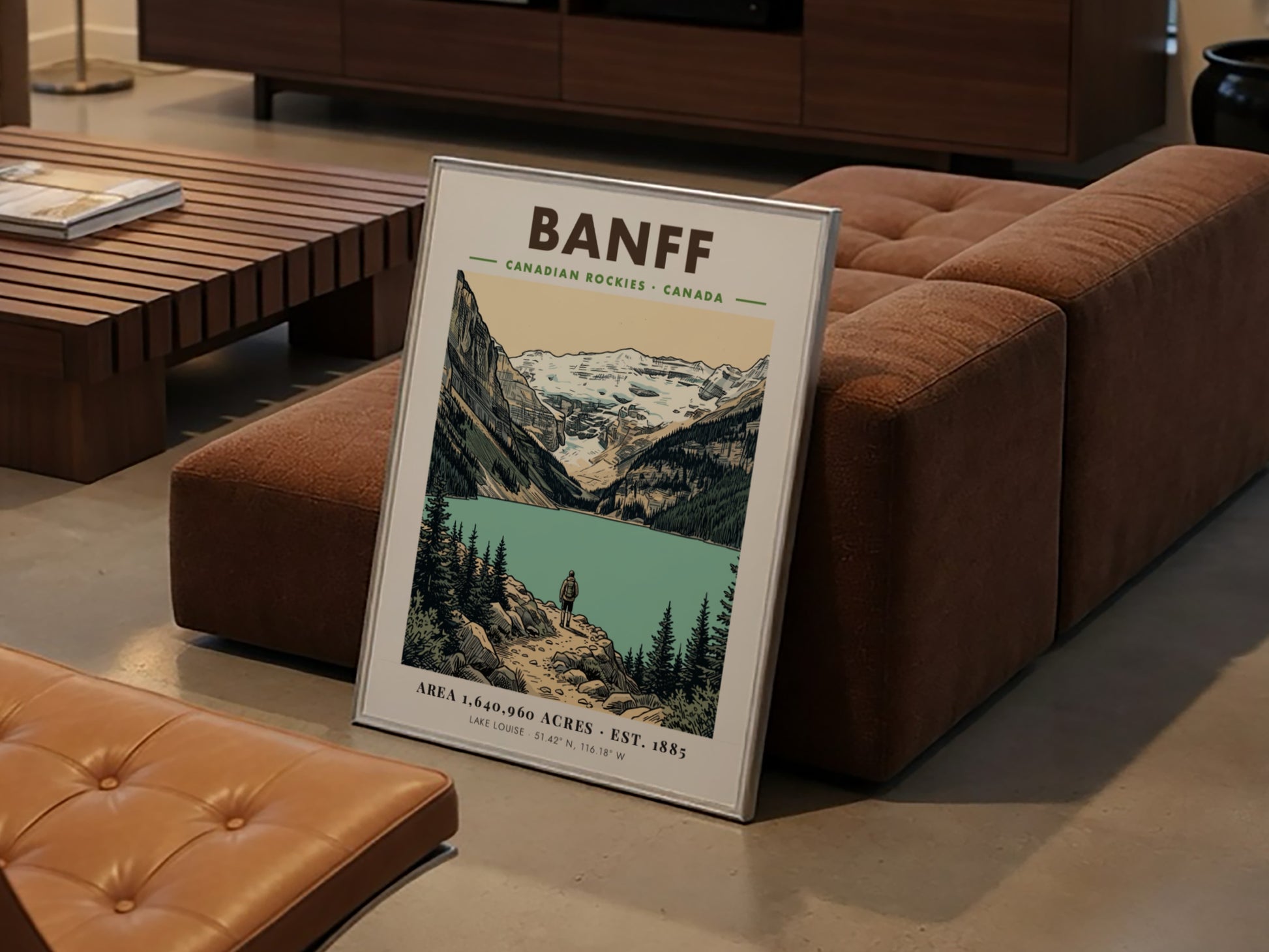 Poster featuring a hiker at Lake Louise in the Canadian Rockies Banff mountains