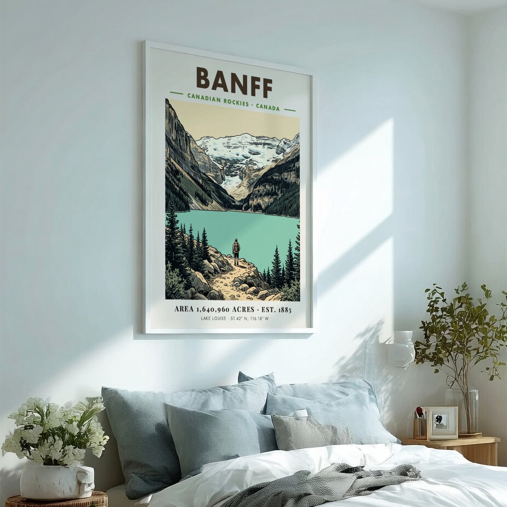 Poster featuring a hiker at Lake Louise in the Canadian Rockies Banff mountains