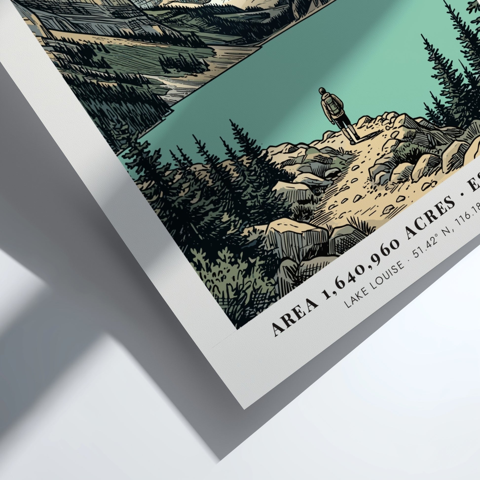 Poster featuring a hiker at Lake Louise in the Canadian Rockies Banff mountains