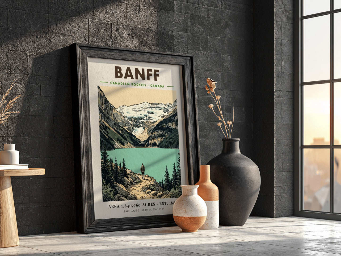 Poster featuring a hiker at Lake Louise in the Canadian Rockies Banff mountains