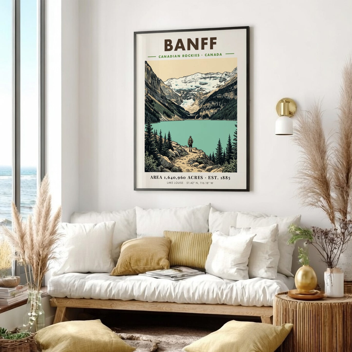Poster featuring a hiker at Lake Louise in the Canadian Rockies Banff mountains