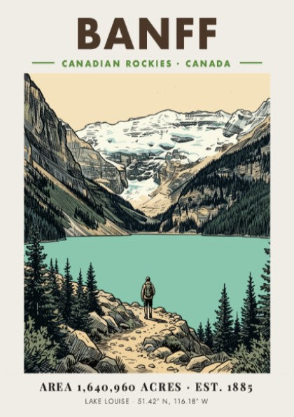 Poster featuring a hiker at Lake Louise in the Canadian Rockies Banff mountains