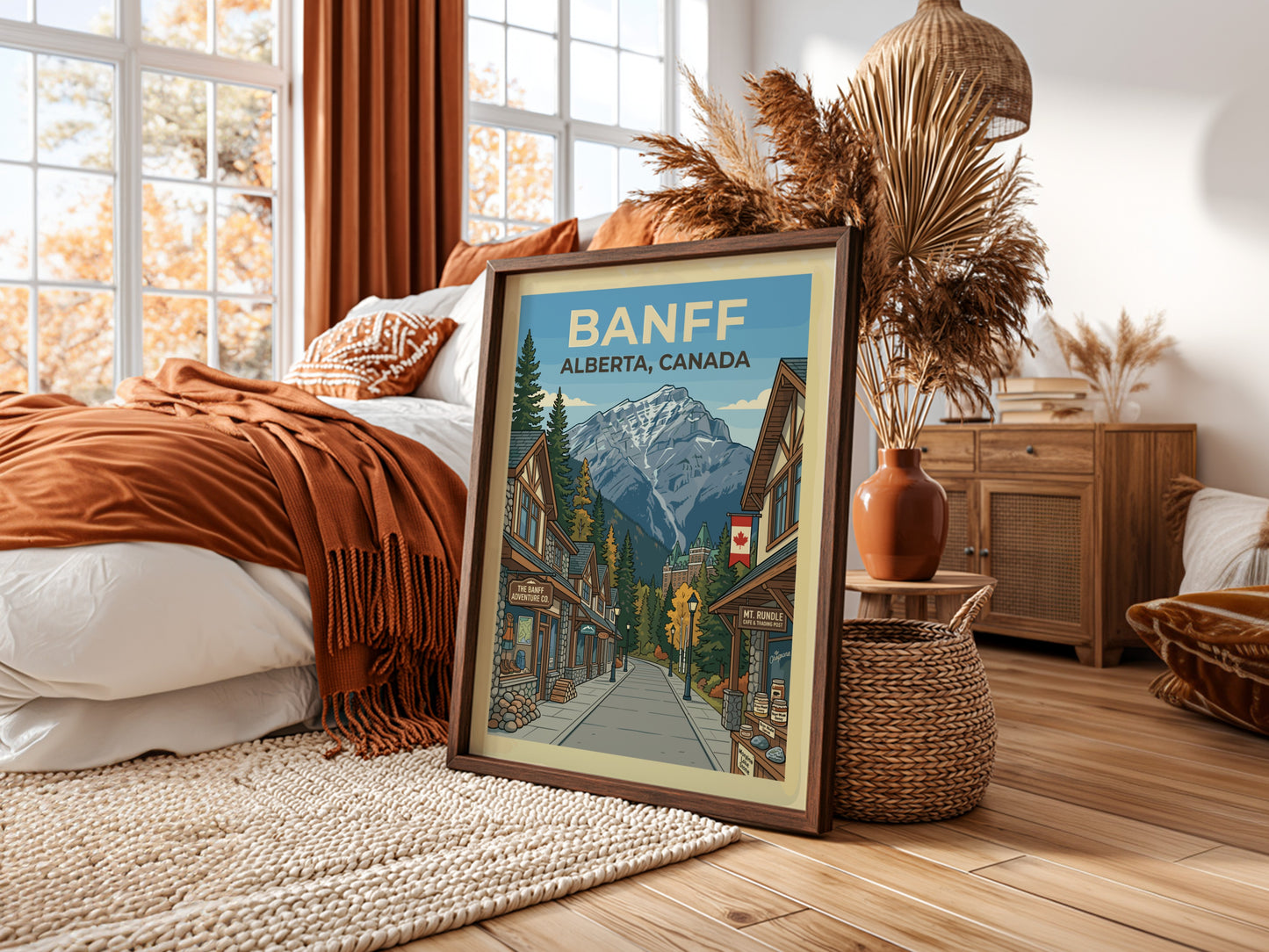 Banff travel poster featuring a street scene with shops leading to a grand hotel and snowy mountains.
