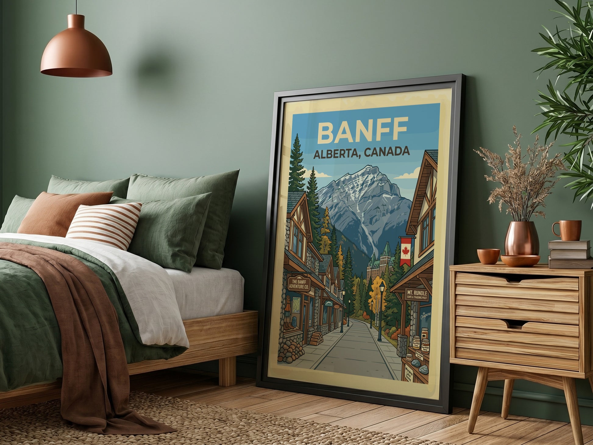 Banff travel poster featuring a street scene with shops leading to a grand hotel and snowy mountains.