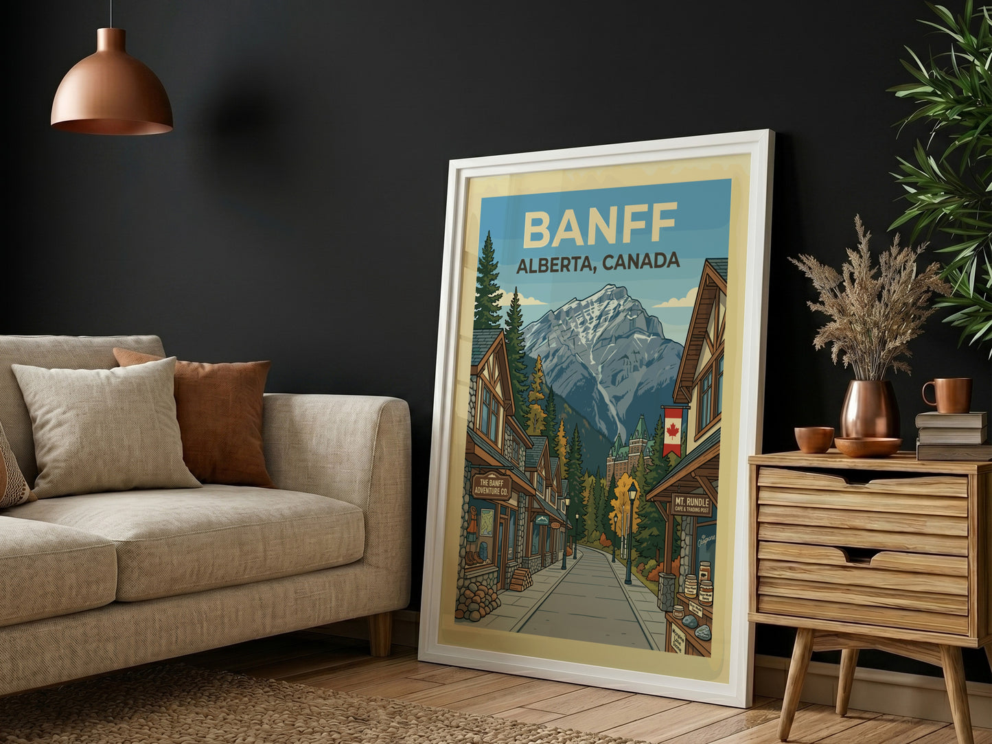 Banff travel poster featuring a street scene with shops leading to a grand hotel and snowy mountains.