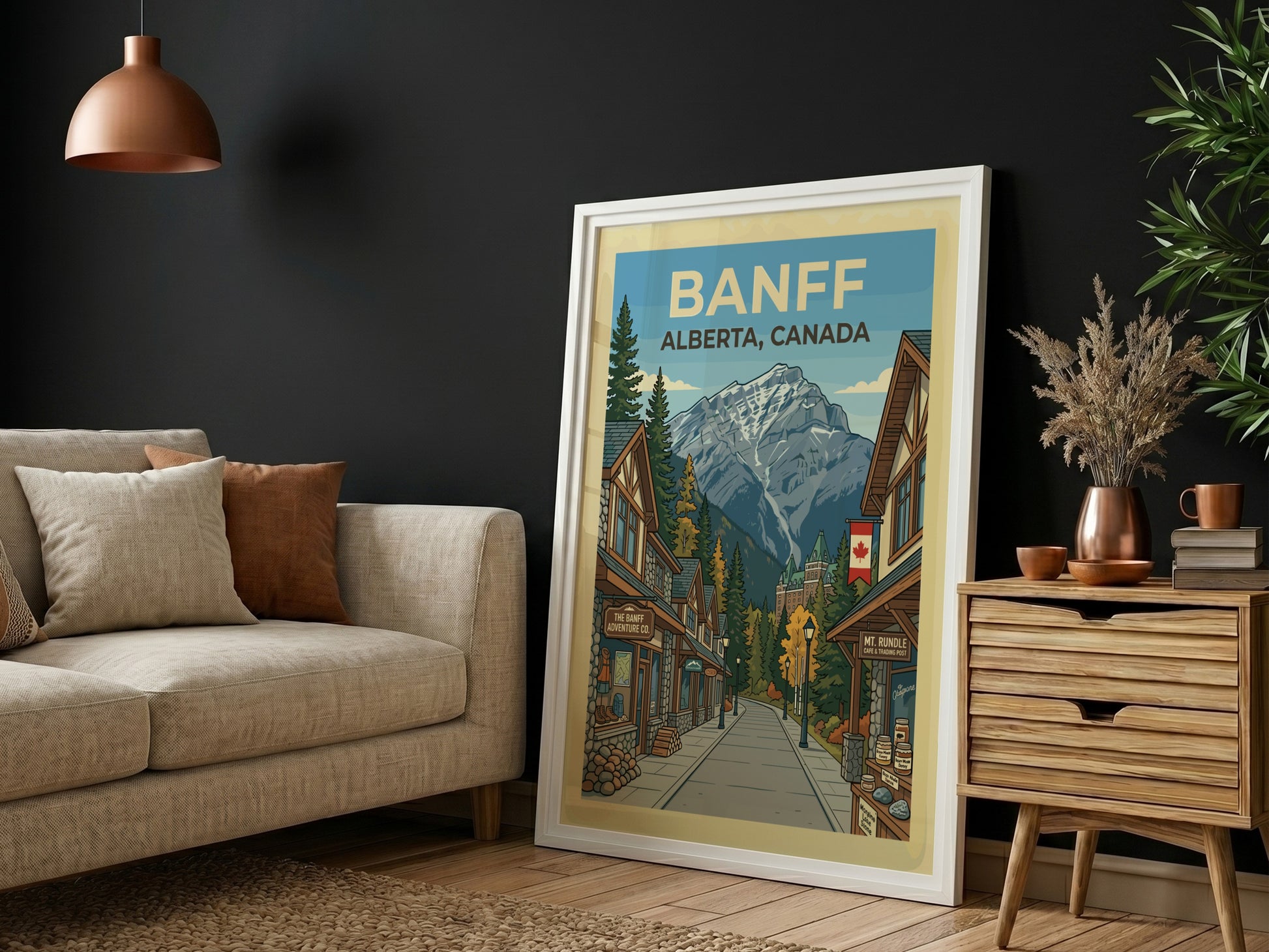 Banff travel poster featuring a street scene with shops leading to a grand hotel and snowy mountains.