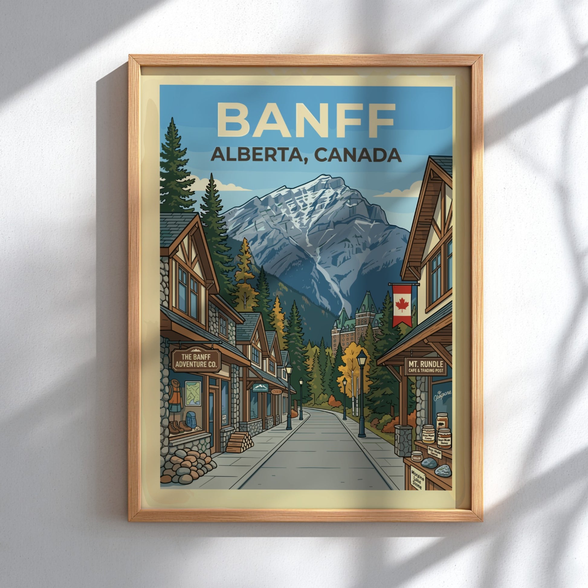 Banff travel poster featuring a street scene with shops leading to a grand hotel and snowy mountains.
