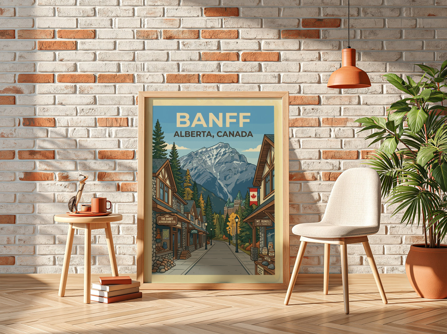 Banff travel poster featuring a street scene with shops leading to a grand hotel and snowy mountains.