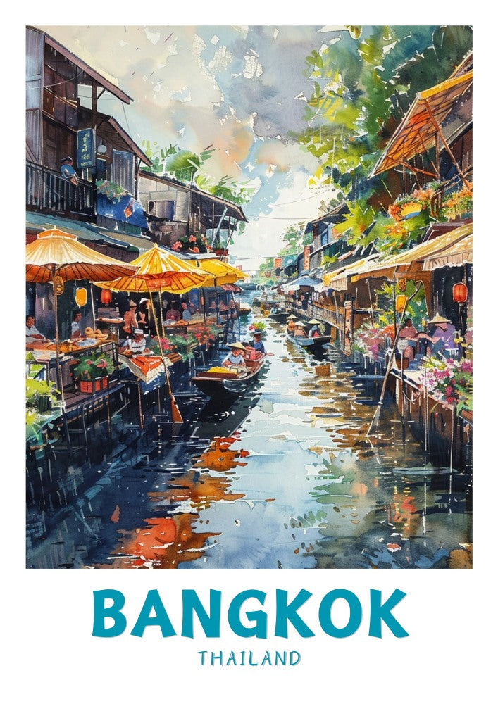 Asian BANGKOK TRAVEL POSTER - FLOATING MARKETS ART