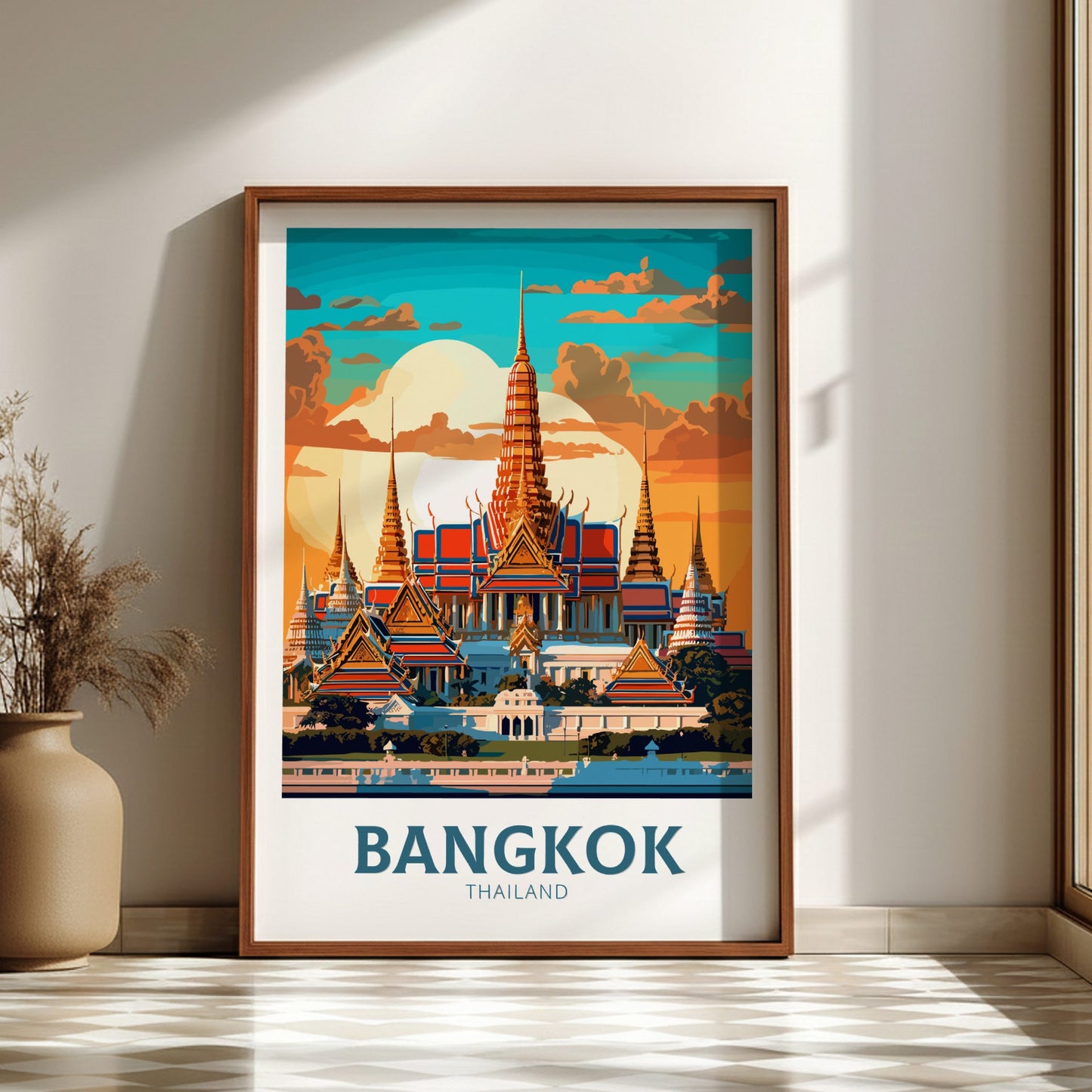 Framed poster of Bangkok, Thailand with a temple design on a wall.