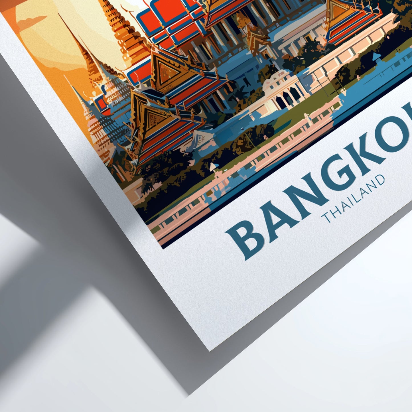 Poster of a temple with 'Bangkok, Thailand' text on a white background