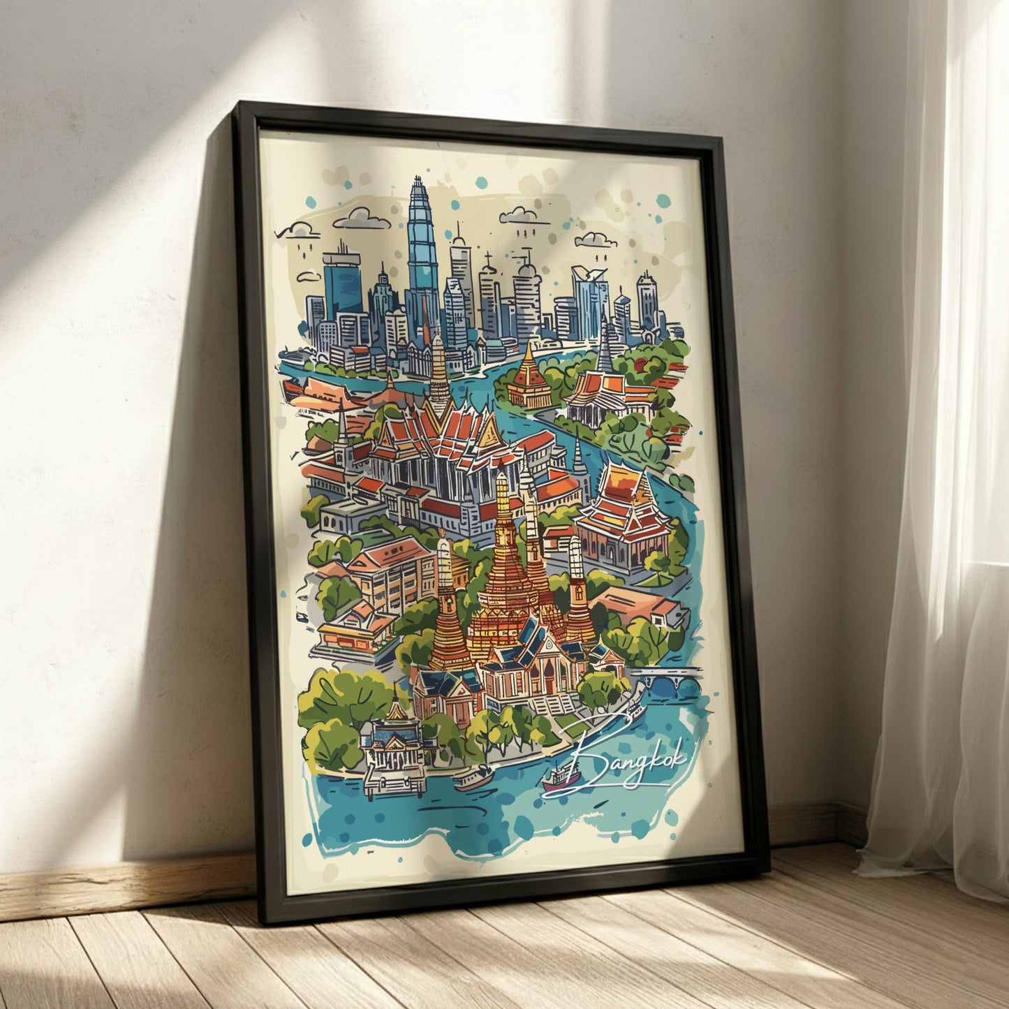 Framed artwork of a Bangkok cityscape on a wall