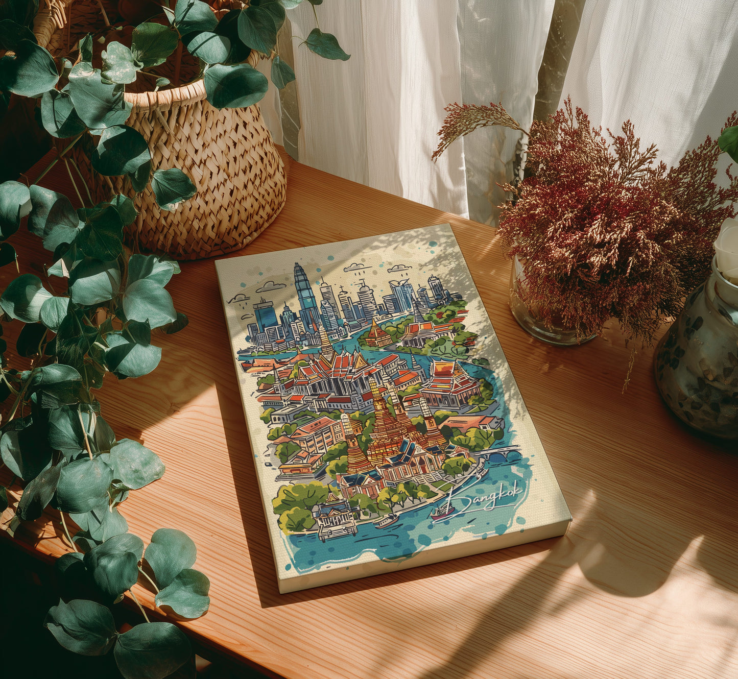 Colorful cityscape book on a wooden table with plants