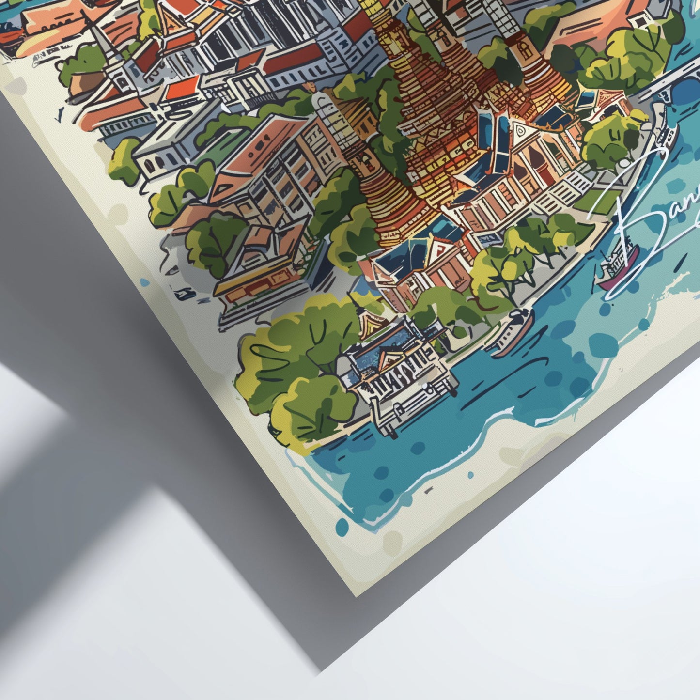 Colorful illustration of a cityscape with buildings and water on a white background
