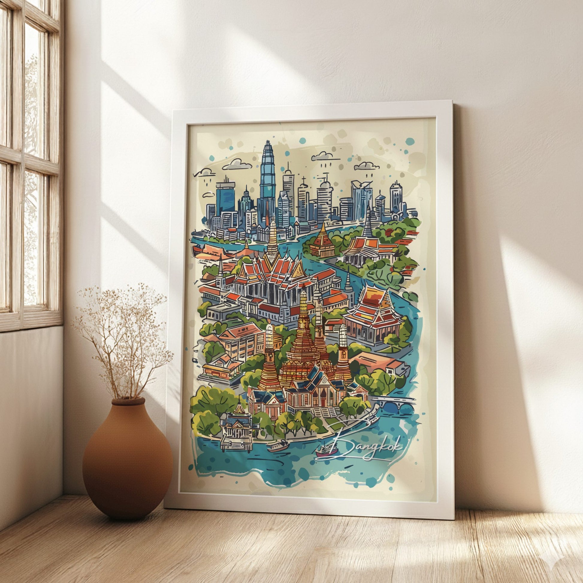 Framed illustration of a cityscape on a wall in a bright room with a vase and plant.