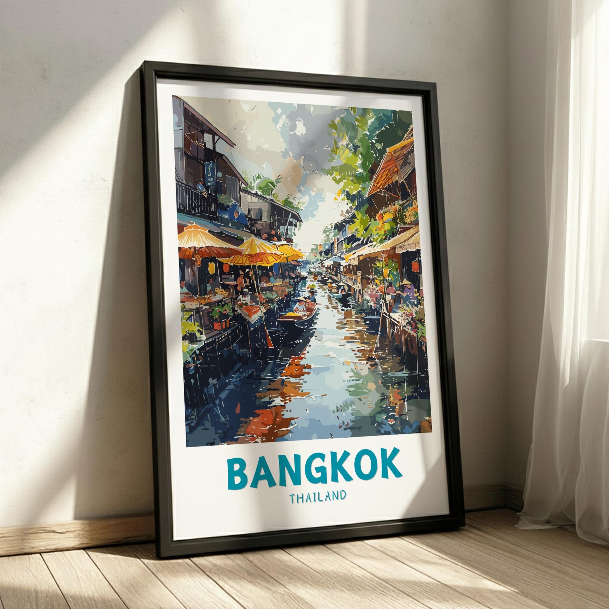 Framed artwork of a Bangkok canal scene on a wall.