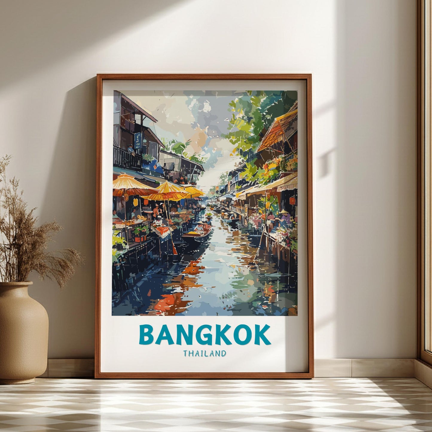 Framed artwork of a Bangkok street scene with 'Bangkok Thailand' text on a wall.