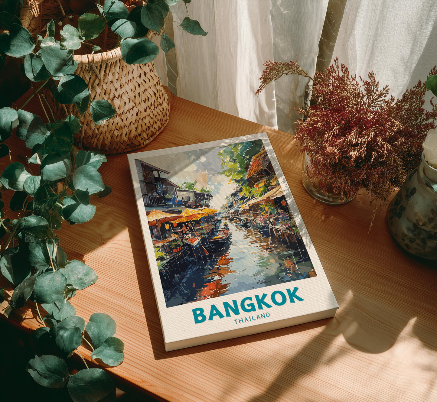 Canvas 'Bangkok Thailand' on a wooden table with plants