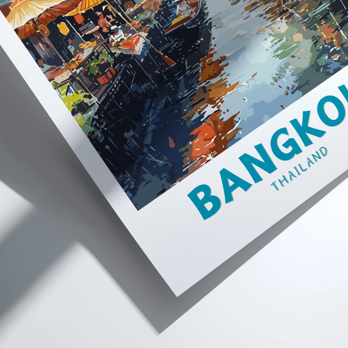 Poster of Bangkok, Thailand with colorful street scene and 'Bangkok Thailand' text.