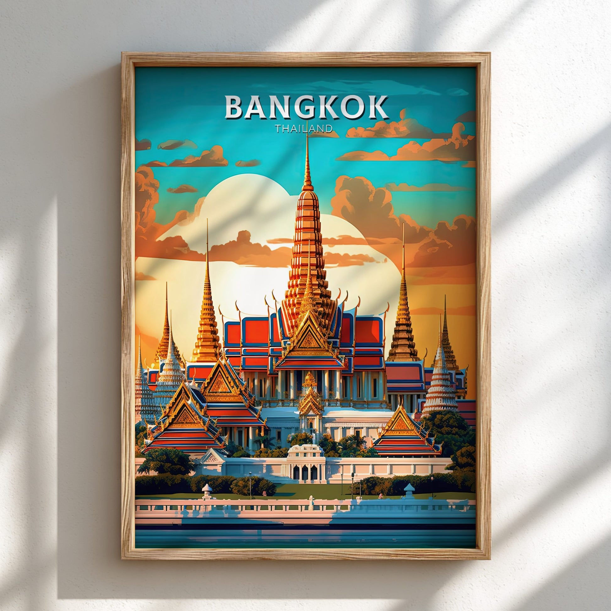 Framed poster of Bangkok with temple design on a blue sky background