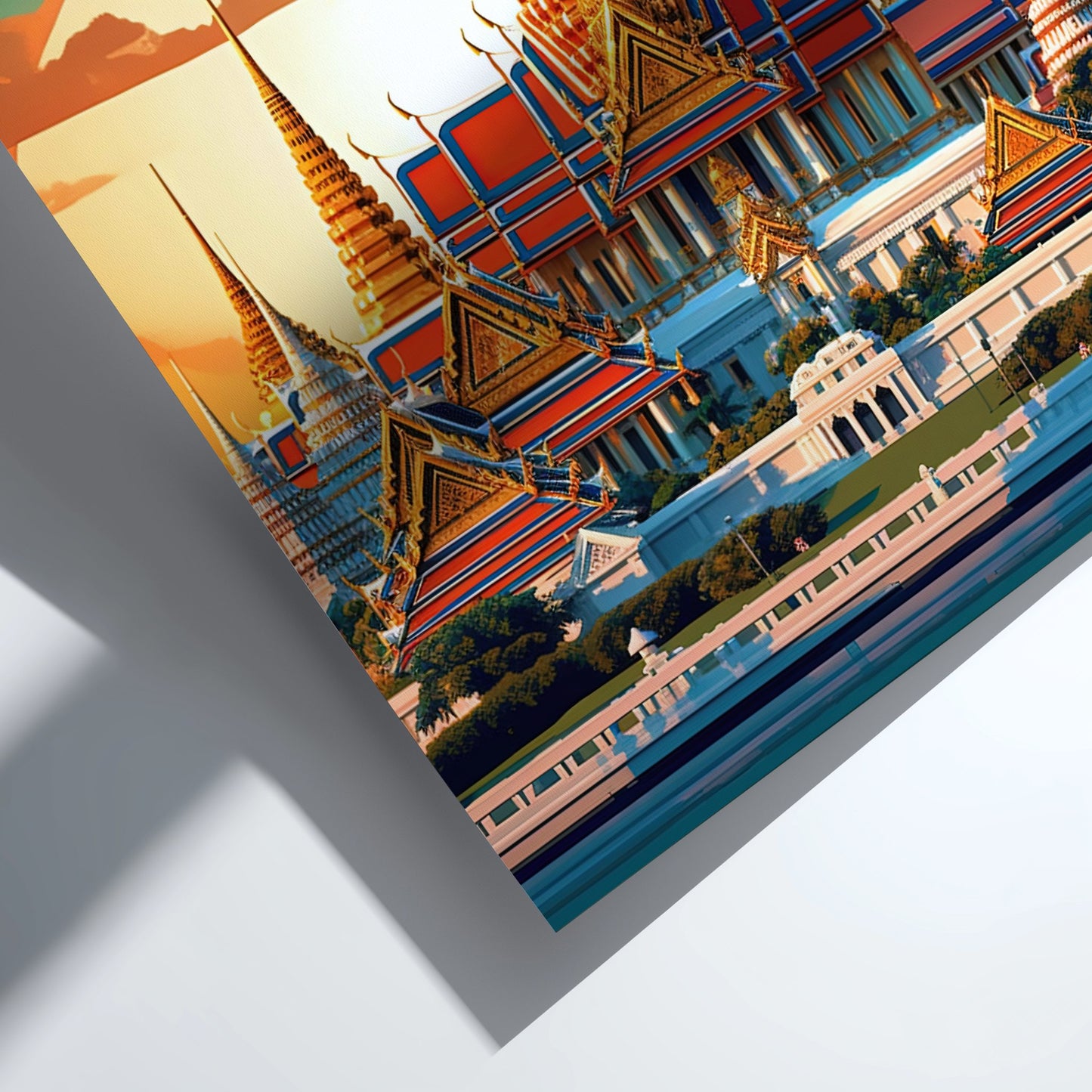 Colorful temple with intricate architecture against a sunset sky