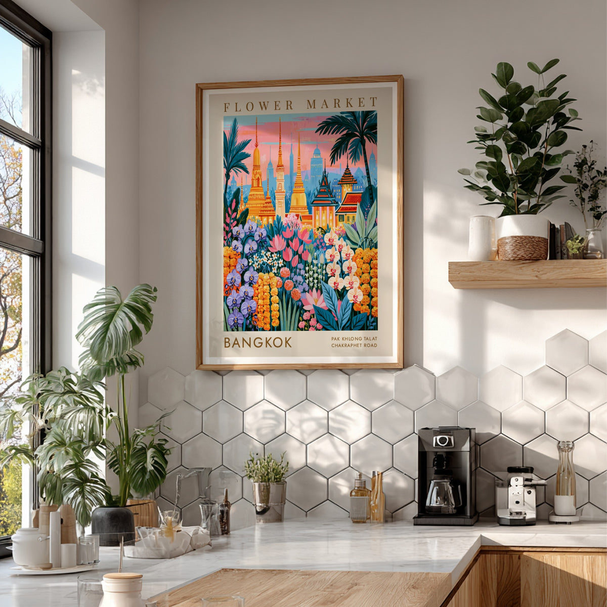 Vibrant travel poster featuring Bangkok's flower market and city skyline with colorful flowers and temples