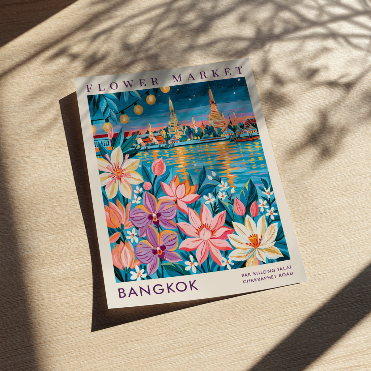 Flower market poster showcasing vibrant colors and city skyline in Bangkok