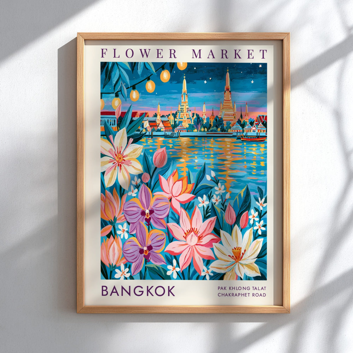 Flower market poster showcasing vibrant colors and city skyline in Bangkok