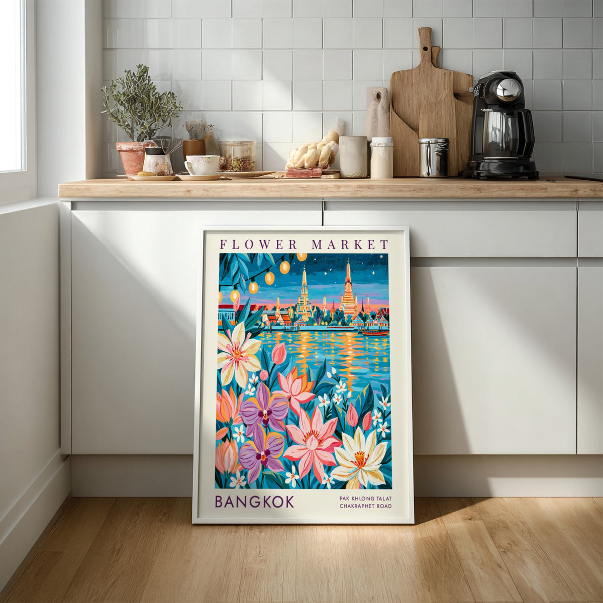 Flower market poster showcasing vibrant colors and city skyline in Bangkok