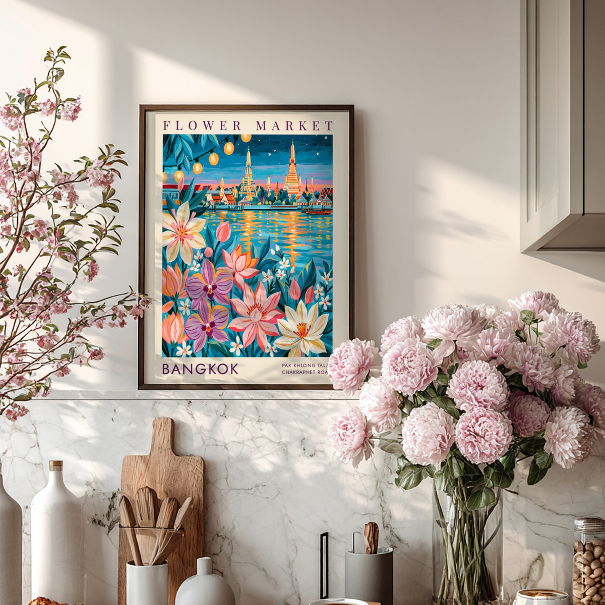 Flower market poster showcasing vibrant colors and city skyline in Bangkok