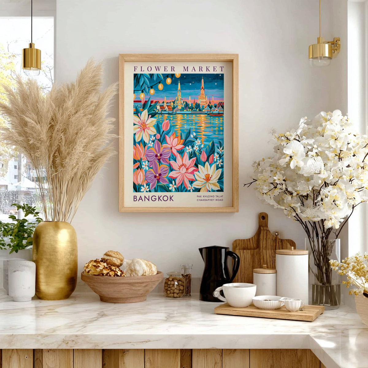 Flower market poster showcasing vibrant colors and city skyline in Bangkok