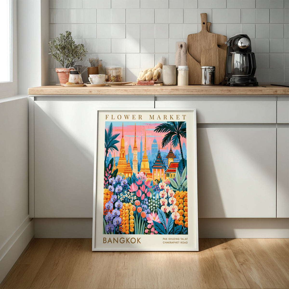 Vibrant travel poster featuring Bangkok's flower market and city skyline with colorful flowers and temples