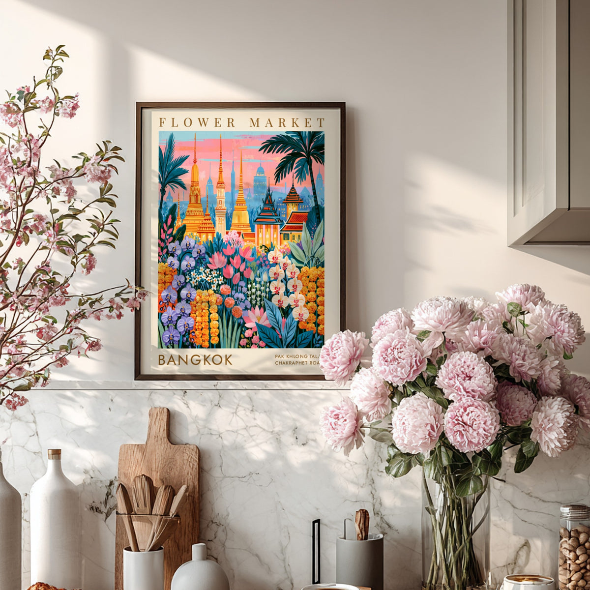 Vibrant travel poster featuring Bangkok's flower market and city skyline with colorful flowers and temples
