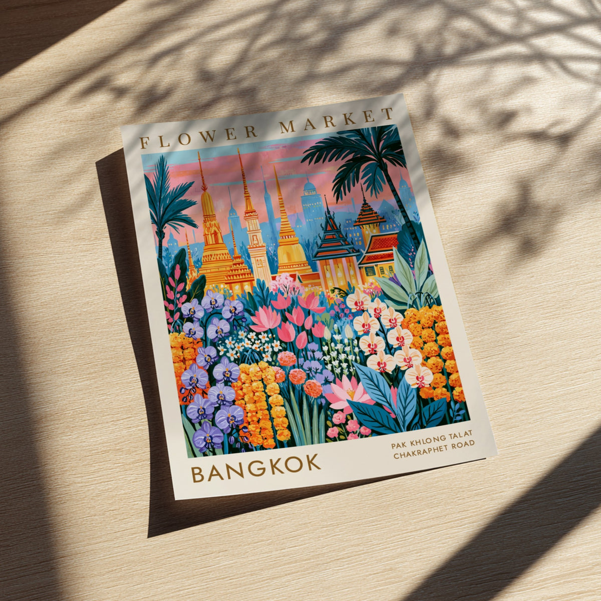 Vibrant travel poster featuring Bangkok's flower market and city skyline with colorful flowers and temples