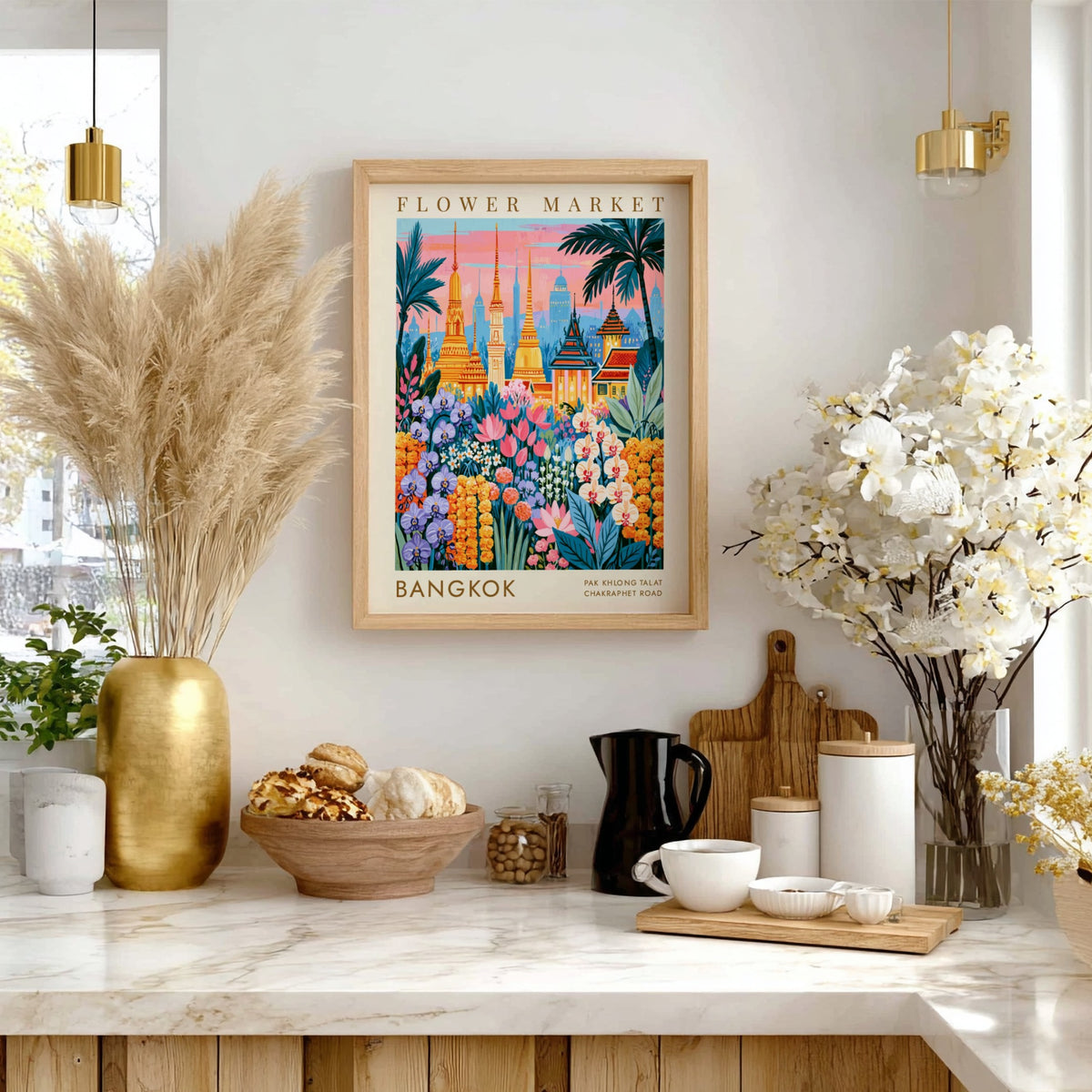 Vibrant travel poster featuring Bangkok's flower market and city skyline with colorful flowers and temples