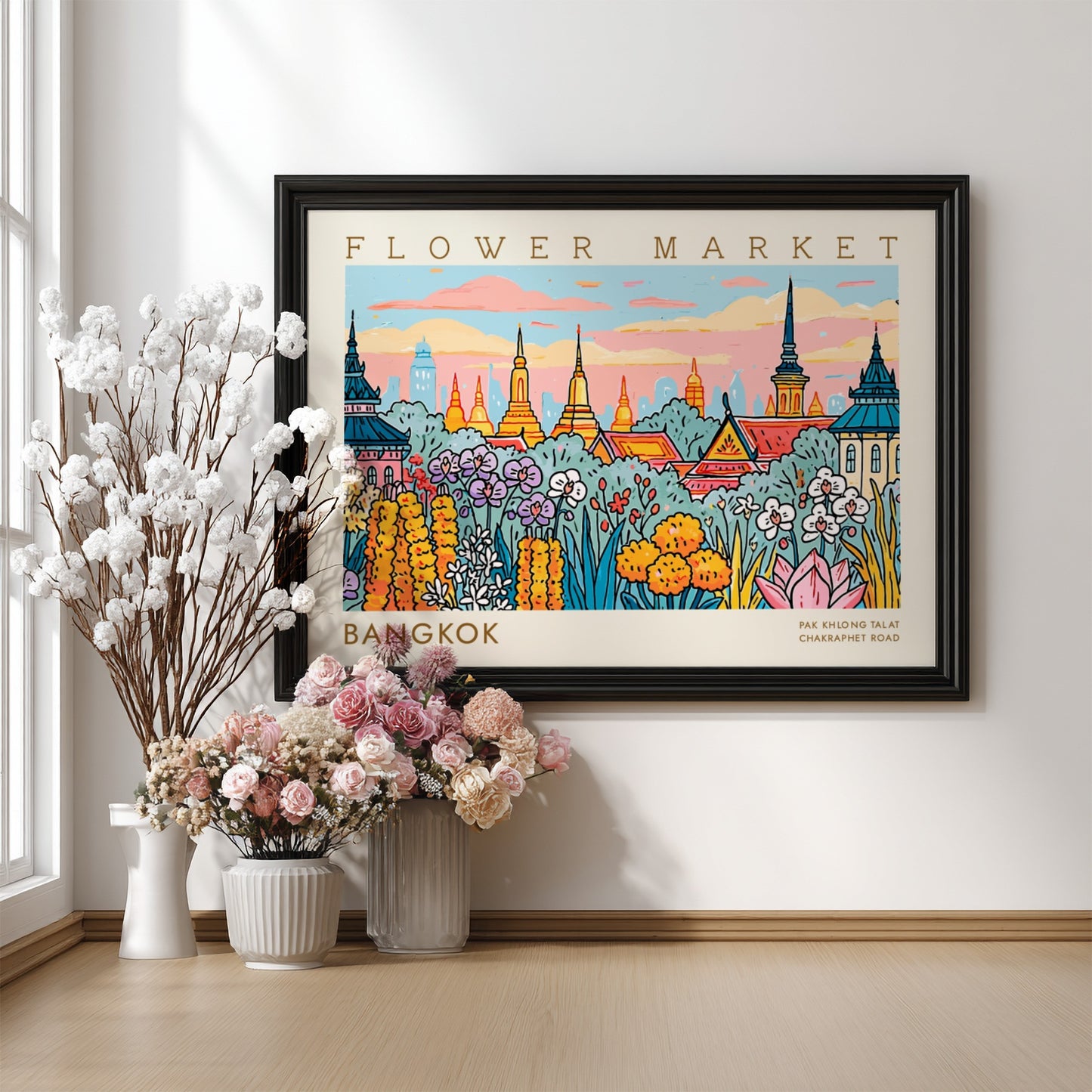 Vibrant Bangkok flower market poster showcasing colorful flowers and traditional architecture