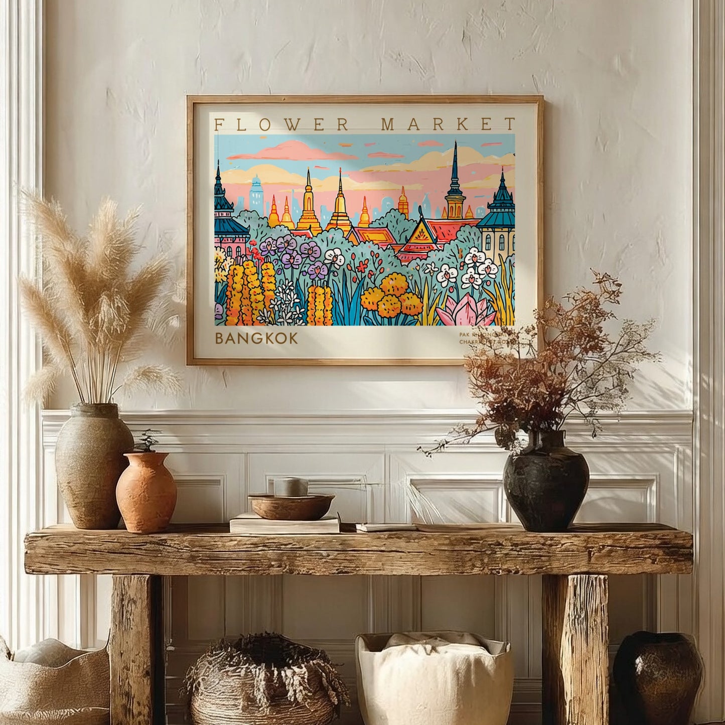 Vibrant Bangkok flower market poster showcasing colorful flowers and traditional architecture