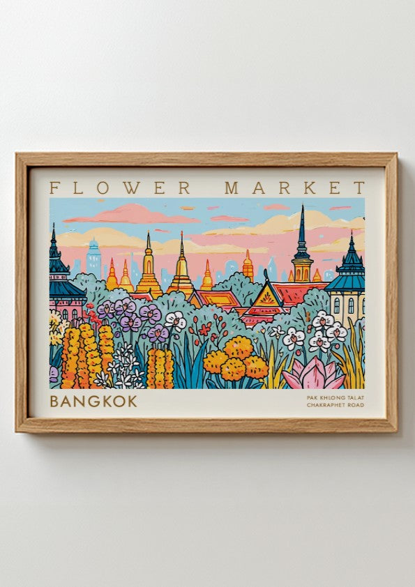 Vibrant Bangkok flower market poster showcasing colorful flowers and traditional architecture