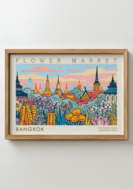 Vibrant Bangkok flower market poster showcasing colorful flowers and traditional architecture