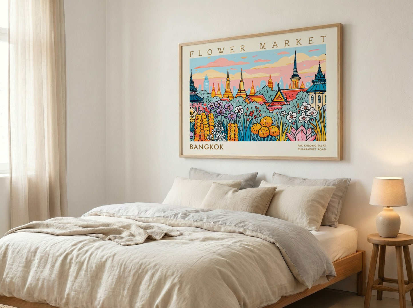 Vibrant Bangkok flower market poster showcasing colorful flowers and traditional architecture