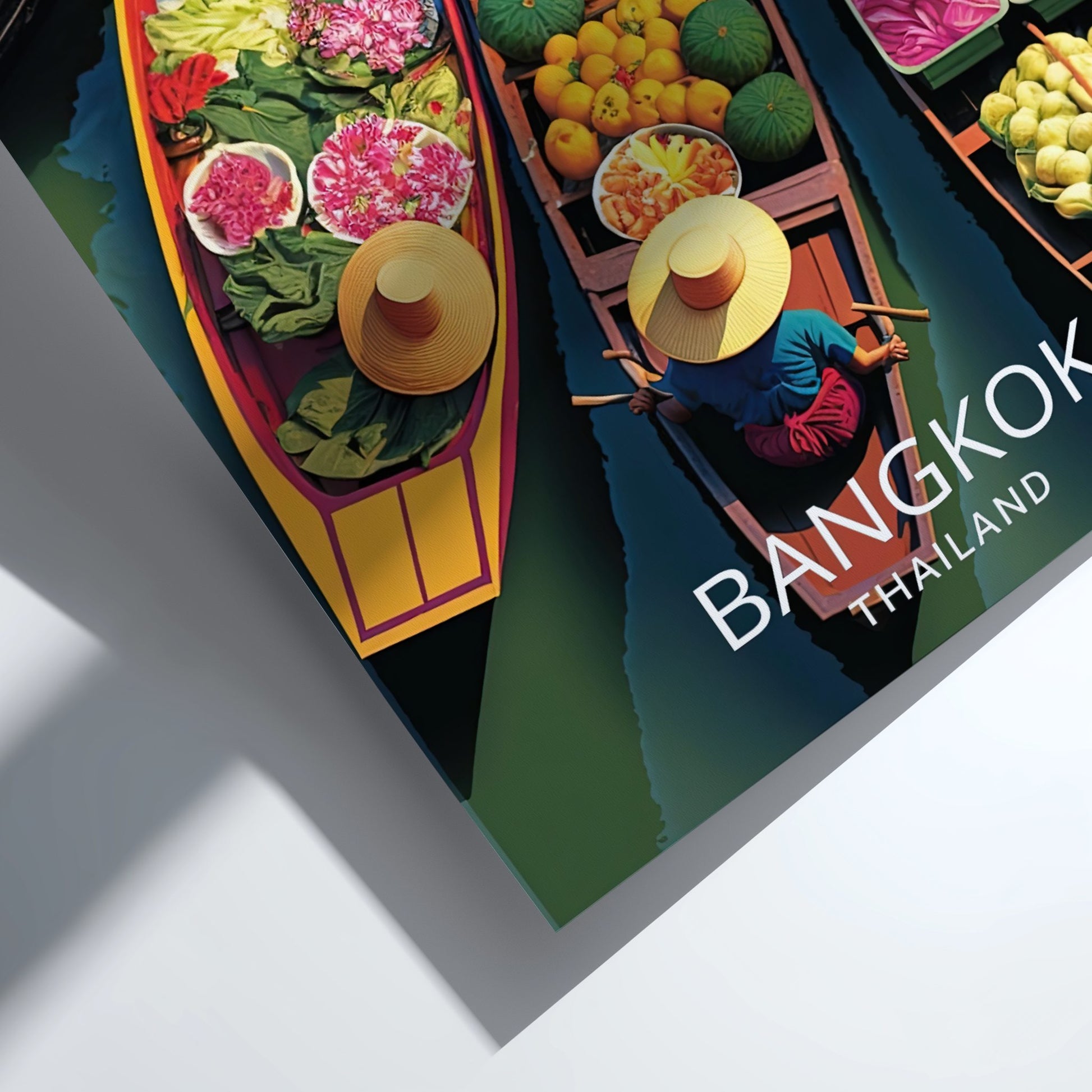 Poster of a floating market in Bangkok, Thailand with colorful boats and produce.