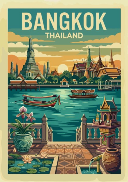 Retro Bangkok Thailand travel poster featuring temples and a river, with a warm color palette.