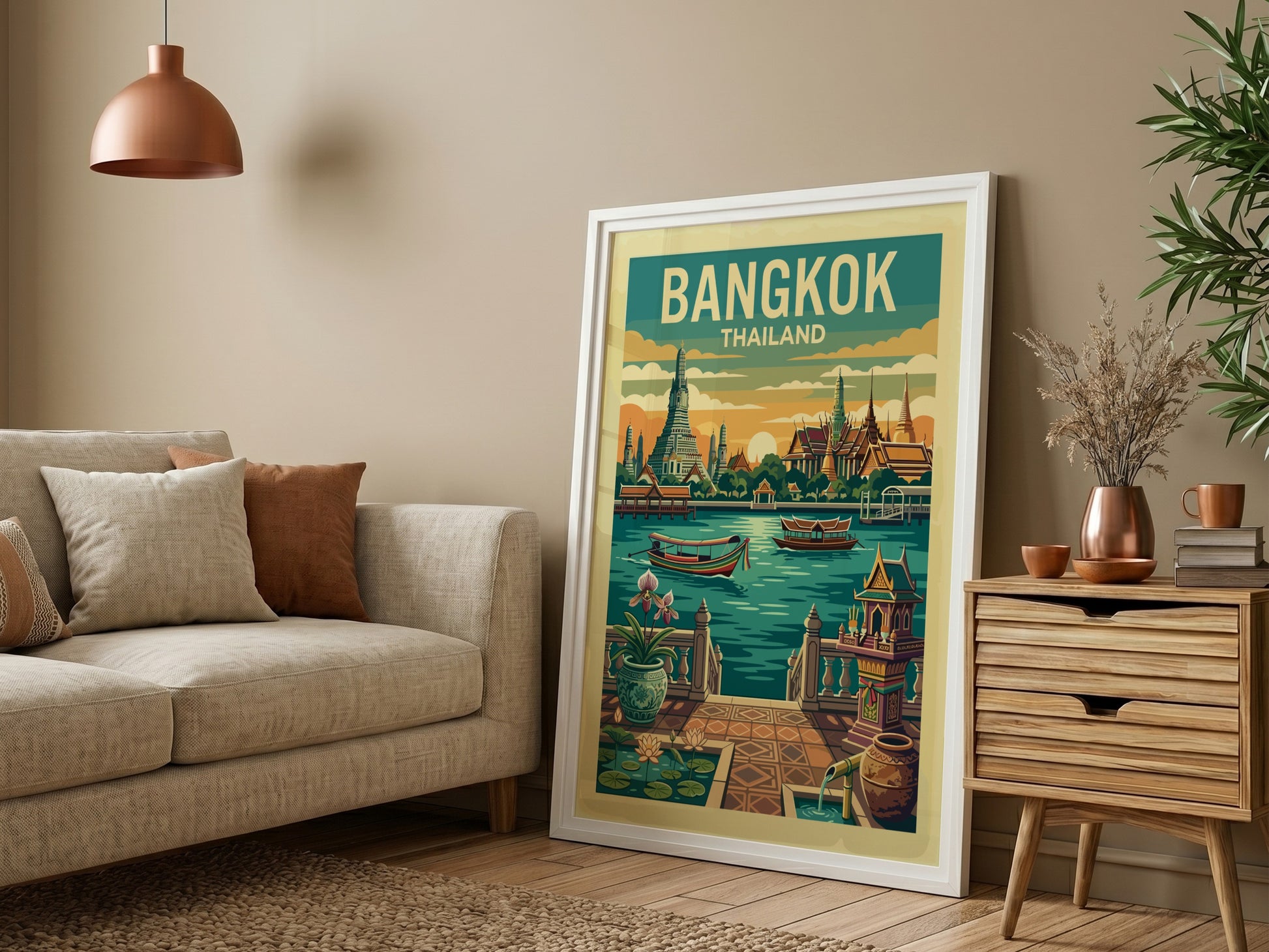 Retro Bangkok Thailand travel poster featuring temples and a river, with a warm color palette.