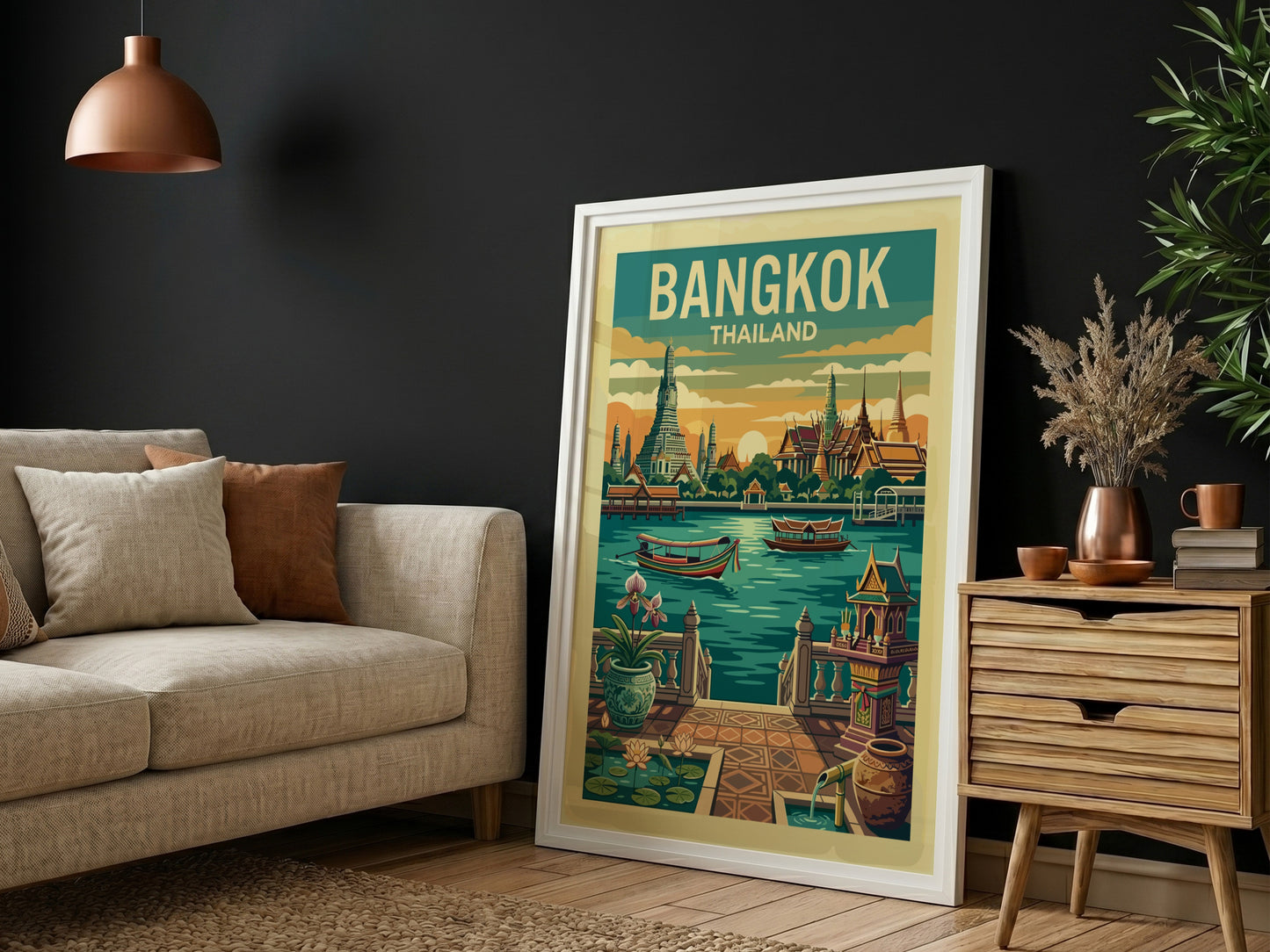 Retro Bangkok Thailand travel poster featuring temples and a river, with a warm color palette.
