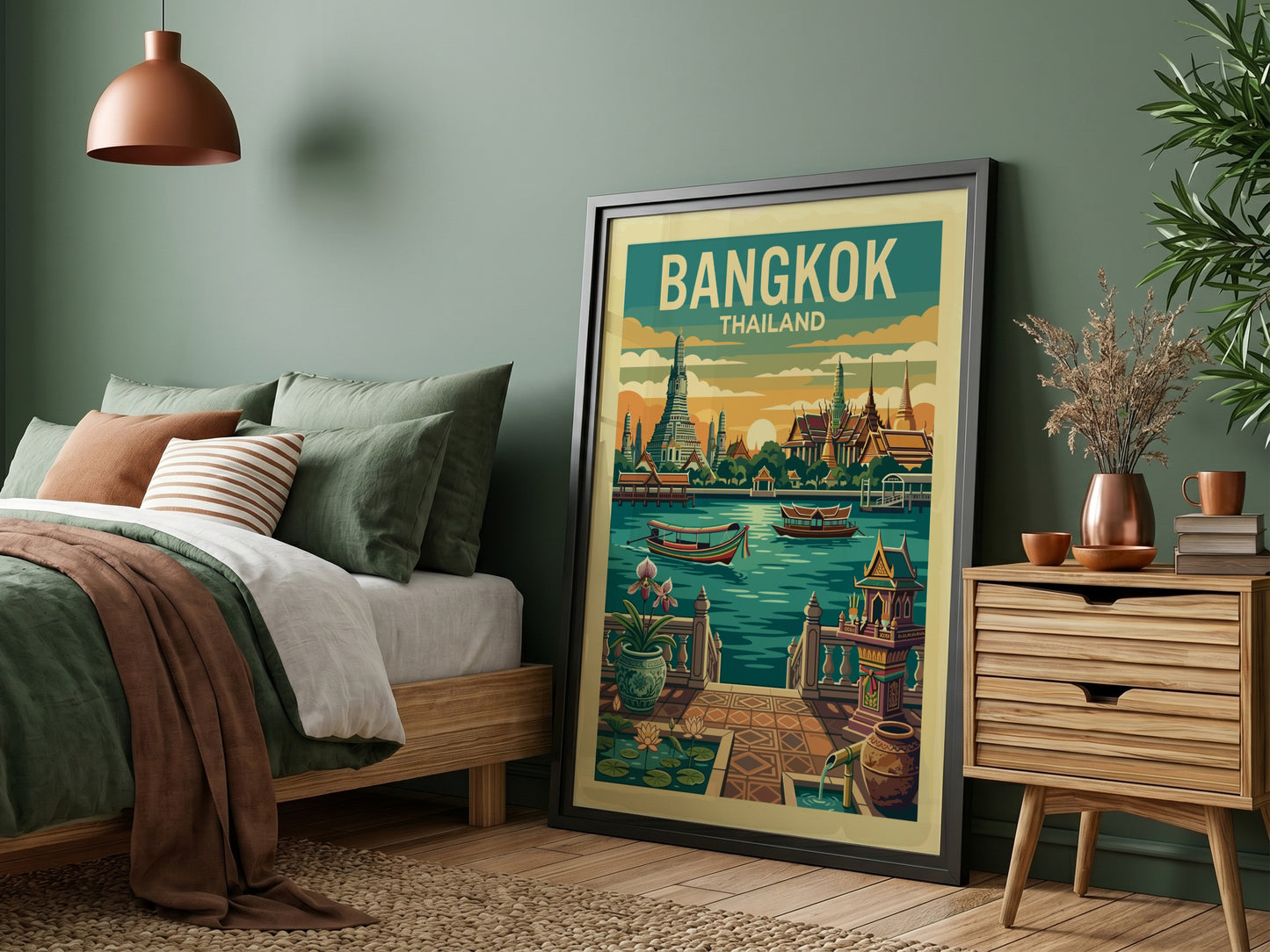 Retro Bangkok Thailand travel poster featuring temples and a river, with a warm color palette.
