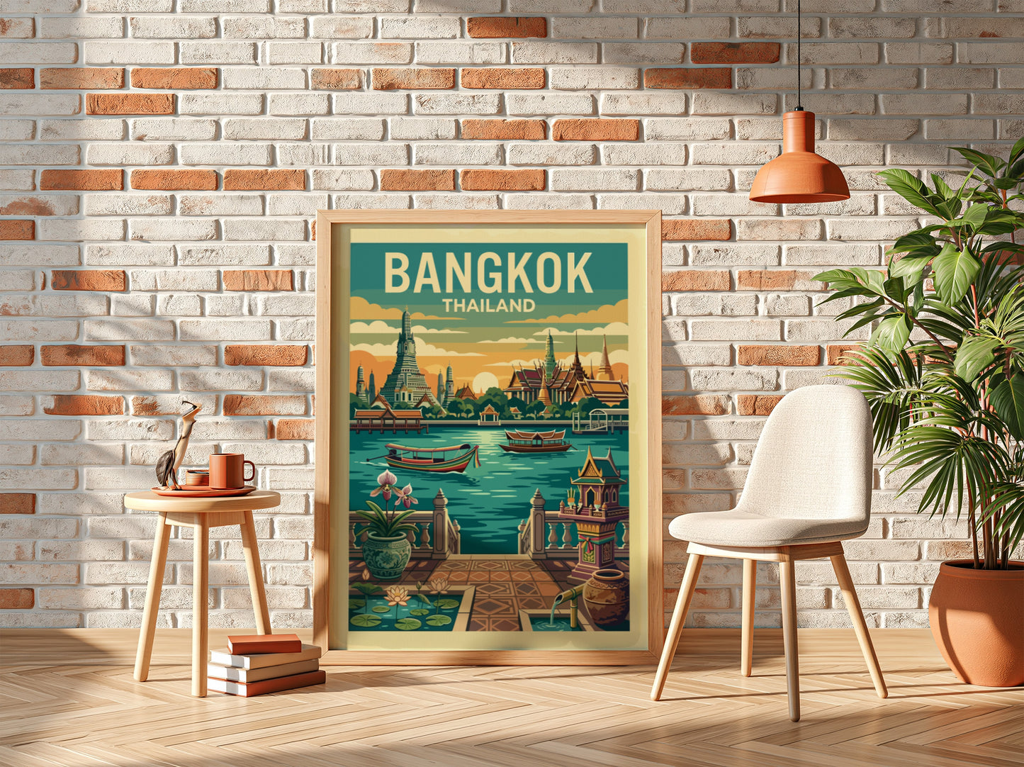 Retro Bangkok Thailand travel poster featuring temples and a river, with a warm color palette.